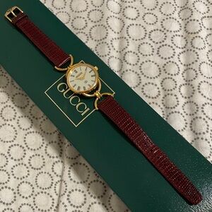Gucci Women's Gold Watch with Burgundy Strap